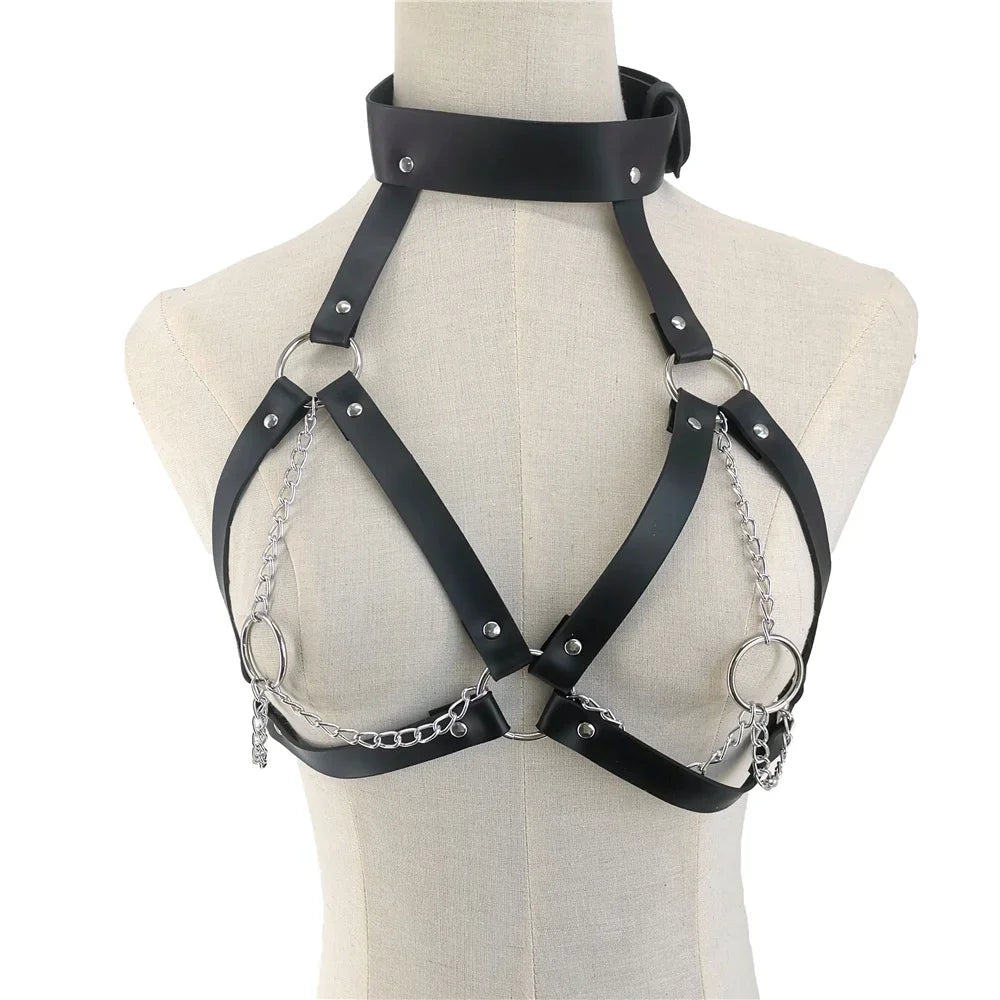 Harnais Seins BDSM — Sangles cuir, Anneaux Acier