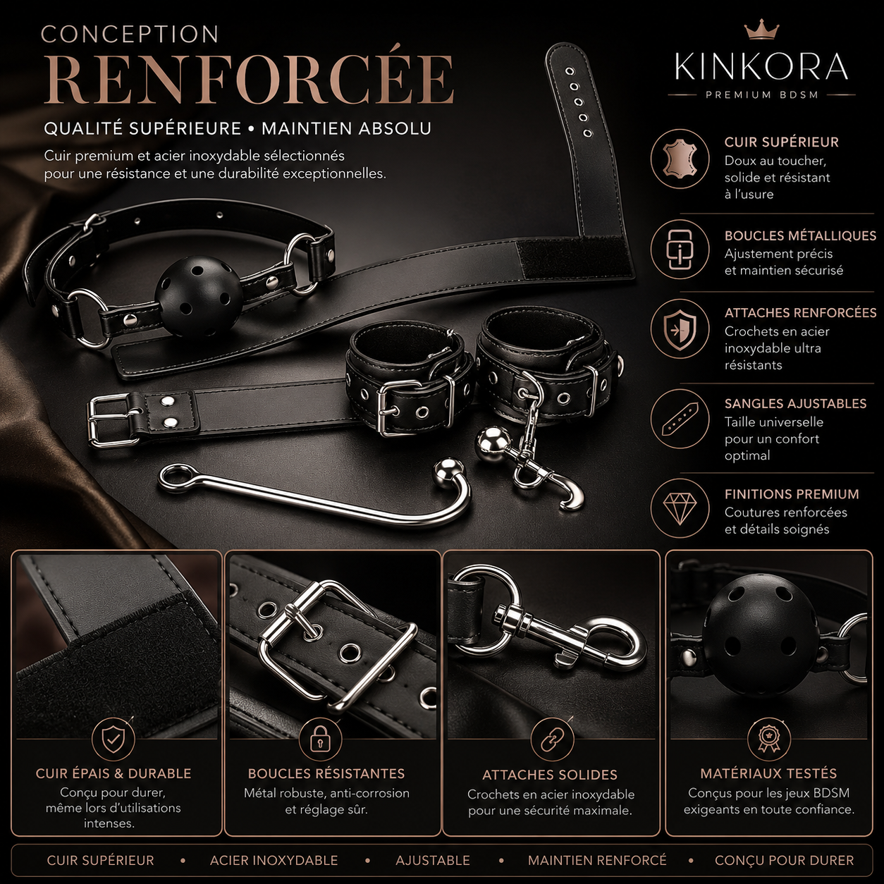 Kit bondage BDSM Complet — Crochet anal, Bâillon & Menottes réglables