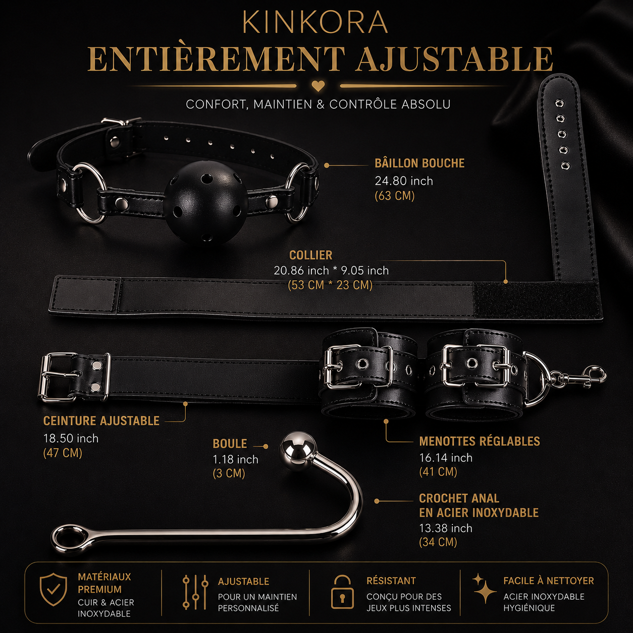 Kit bondage BDSM Complet — Crochet anal, Bâillon & Menottes réglables