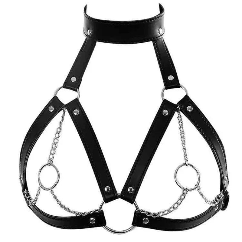 Harnais Seins BDSM — Sangles cuir, Anneaux Acier