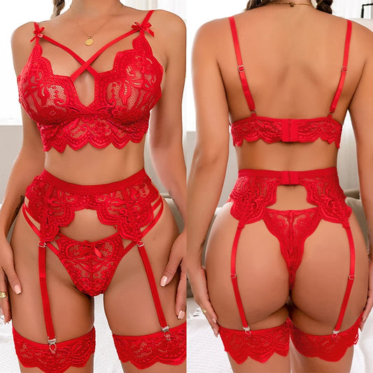 Ensemble Dentelle Sexy — Soutien-gorge, String & Jarretelles